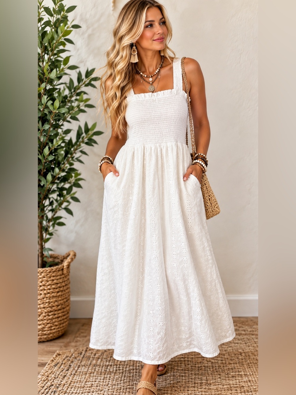 Black Tape White Eyelet Smocked Maxi Dress | Boho Cottagecore Summer Dress Sz 1X